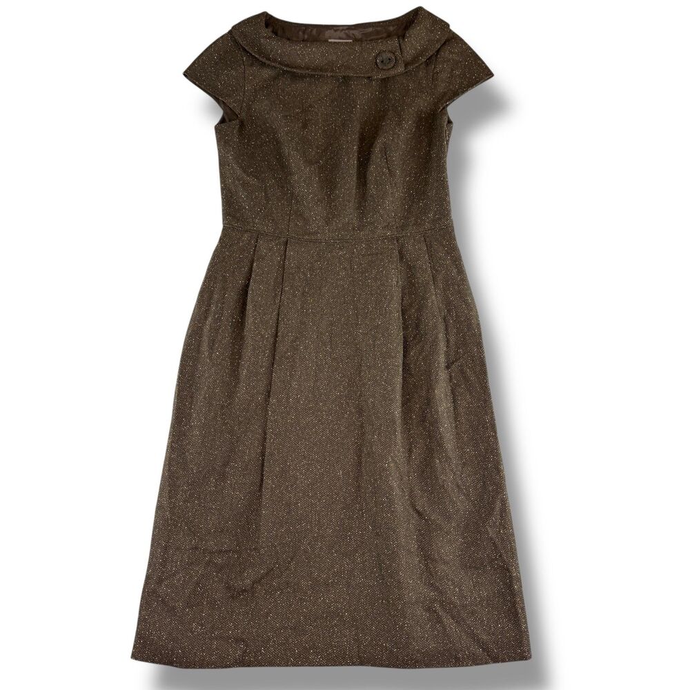 Ann Taylor Brown Midi Wool Dress Boat Neck Short Sleeve Quiet Luxury Chic Sz 0